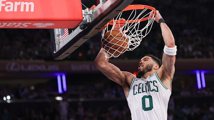 May 12, 2025; New York, New York, USA; Boston Celtics forward Jayson Tatum (0) dunks the ball in the second half during game four of the second round for the 2025 NBA Playoffs against the New York Knicks at Madison Square Garden. Mandatory Credit: Vincent Carchietta-Imagn Images