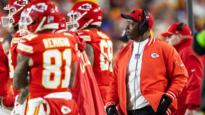 Jan 26, 2025; Kansas City, MO, USA; Kansas City Chiefs defensive backs coach Dave Merritt against the Buffalo Bills in the AFC Championship game at GEHA Field at Arrowhead Stadium. Mandatory Credit: Mark J. Rebilas-Imagn Images
