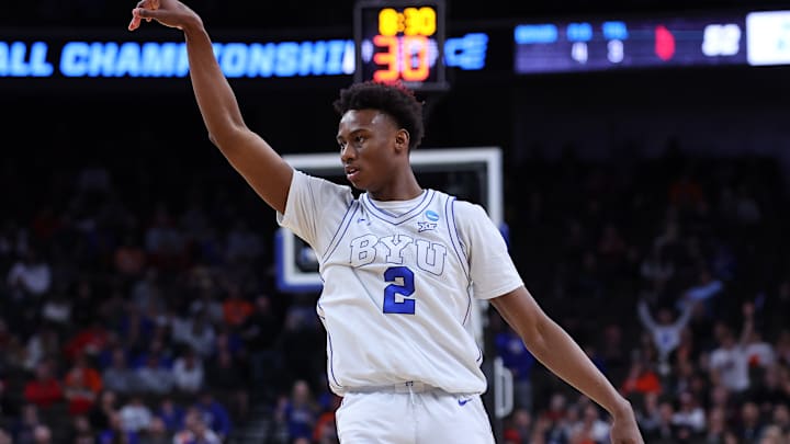 Jaxson Robinson holds his follow-through after hitting a 3-pointer against Duquesne in the NCAA Tournament