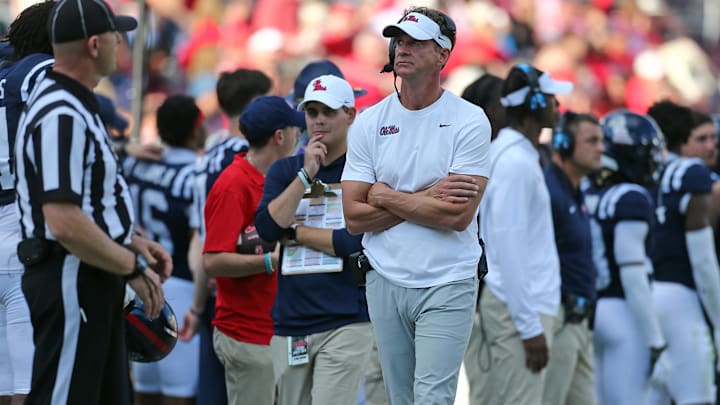 Nov 8, 2025; Oxford, Mississippi, USA; Mississippi Rebels head coach Lane Kiffin walks the sideline during the fourth quarter against The Citadel Bulldogs at Vaught-Hemingway Stadium. Mandatory Credit: Petre Thomas-Imagn Images