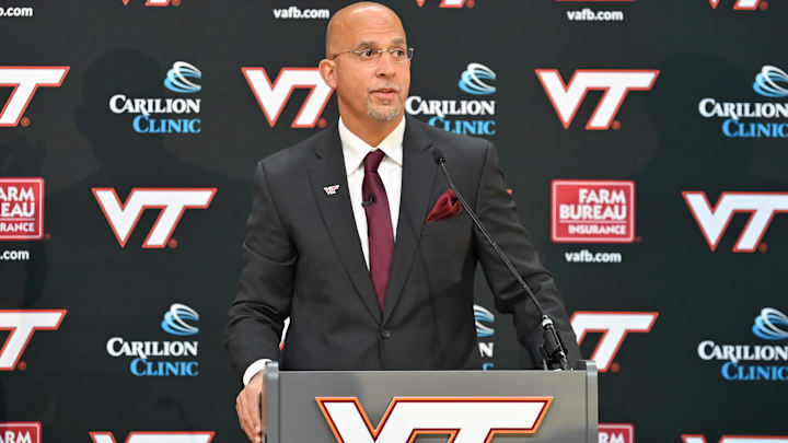 Virginia Tech Hokies head coach James Franklin speaks during a press conference at Cassell Coliseum. 