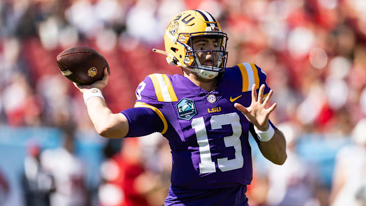 Jan 1, 2024; Tampa, FL, USA; LSU Tigers quarterback Garrett Nussmeier (13) throws the ball during