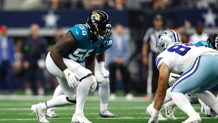 Aug 12, 2023; Arlington, Texas, USA;  Jacksonville Jaguars linebacker Yasir Abdullah (56) on the