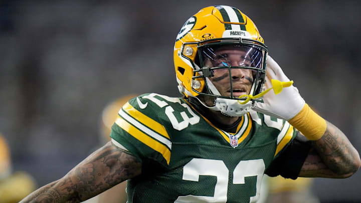 Green Bay Packers cornerback Jaire Alexander (23) reacts after intercepting a pass during the first quarter of the wild card playoff game against the Dallas Cowboys Sunday, January 14, 2024 at AT&T Stadium in Arlington, Texas.