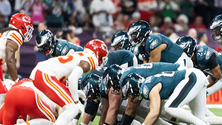 Feb 9, 2025; New Orleans, LA, USA; Philadelphia Eagles quarterback Jalen Hurts (1) lines up for the tush push play on the goal line against the Kansas City Chiefs during Super Bowl LIX at Ceasars Superdome. Mandatory Credit: Mark J. Rebilas-Imagn Images Feb 9, 2025; New Orleans, LA, USA; Philadelphia Eagles quarterback Jalen Hurts (1) lines up for the tush push play on the goal line against the Kansas City Chiefs during Super Bowl LIX at Ceasars Superdome. Mandatory Credit: Mark J. Rebilas-Imagn Images