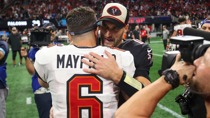 Oct 3, 2024; Atlanta, Georgia, USA; Atlanta Falcons quarterback Kirk Cousins (18) talks to Tampa Bay Buccaneers quarterback Baker Mayfield (6) after a game at Mercedes-Benz Stadium. Mandatory Credit: Brett Davis-Imagn Images
Oct 3, 2024; Atlanta, Georgia, USA; Atlanta Falcons quarterback Kirk Cousins (18) talks to Tampa Bay Buccaneers quarterback Baker Mayfield (6) after a game at Mercedes-Benz Stadium. Mandatory Credit: Brett Davis-Imagn Images