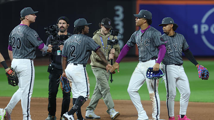 May 25, 2025; New York City, New York, USA; New York Mets first baseman Pete Alonso (20) celebrates with second baseman Luisangel Acuna (2) and right fielder Juan Soto (22) after defeating the Los Angeles Dodgers at Citi Field. Mandatory Credit: Vincent Carchietta-Imagn Images