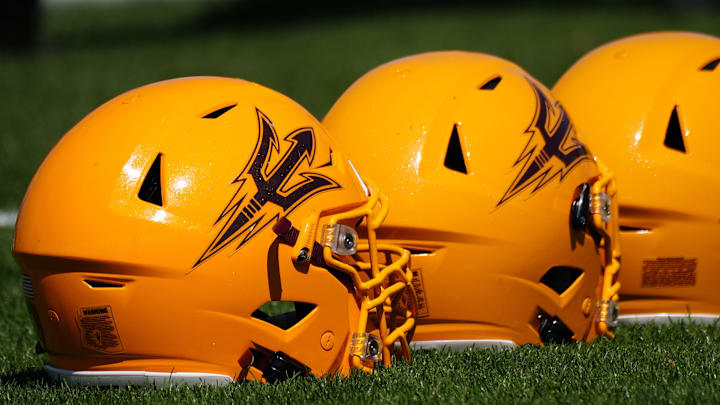 March 30, 2022;  Tempe, AZ, USA; ASU helmets during a practice at Kajikawa Practice fields.

Football Asu Fb