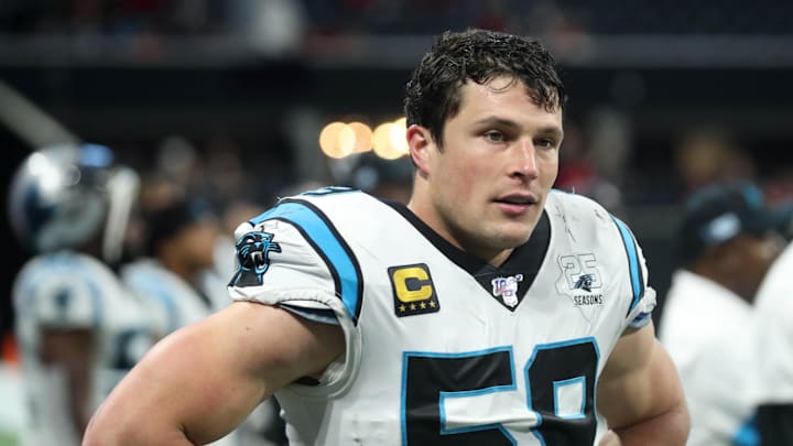 Dec 8, 2019; Atlanta, GA, USA; Carolina Panthers middle linebacker Luke Kuechly (59) reacts after a play in the fourth quarter against the Atlanta Falcons at Mercedes-Benz Stadium. Mandatory Credit: Jason Getz-Imagn Images