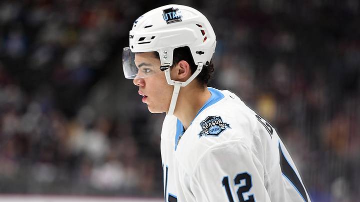 Sep 29, 2024; Denver, Colorado, USA; Utah Hockey Club forward Tij Iginla (12) waits for a face off during the third period against the Colorado Avalanche at Ball Arena. Mandatory Credit: Christopher Hanewinckel-Imagn Images Sep 29, 2024; Denver, Colorado, USA; Utah Hockey Club forward Tij Iginla (12) waits for a face off during the third period against the Colorado Avalanche at Ball Arena. Mandatory Credit: Christopher Hanewinckel-Imagn Images