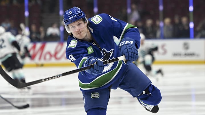 Apr 2, 2025; Vancouver, British Columbia, CAN; Vancouver Canucks forward Brock Boeser (6) during pre game warm up against the Seattle Kraken at Rogers Arena. Mandatory Credit: Simon Fearn-Imagn Images Apr 2, 2025; Vancouver, British Columbia, CAN; Vancouver Canucks forward Brock Boeser (6) during pre game warm up against the Seattle Kraken at Rogers Arena. Mandatory Credit: Simon Fearn-Imagn Images