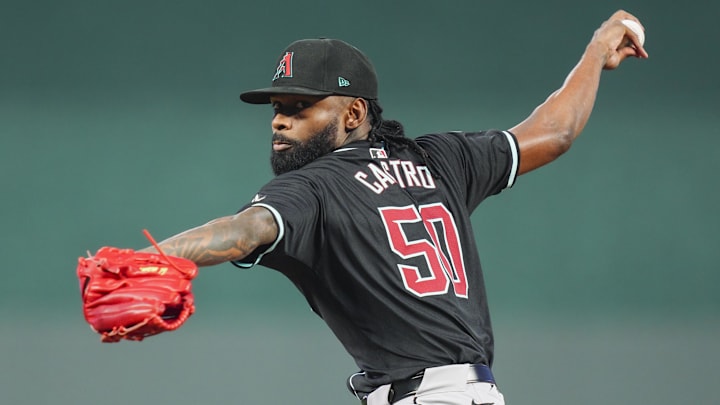 Jul 22, 2024; Kansas City, Missouri, USA; Arizona Diamondbacks relief pitcher Miguel Castro (50) pitches during the fifth inning against the Kansas City Royals at Kauffman Stadium. Mandatory Credit: Jay Biggerstaff-Imagn Images Jul 22, 2024; Kansas City, Missouri, USA; Arizona Diamondbacks relief pitcher Miguel Castro (50) pitches during the fifth inning against the Kansas City Royals at Kauffman Stadium. Mandatory Credit: Jay Biggerstaff-Imagn Images