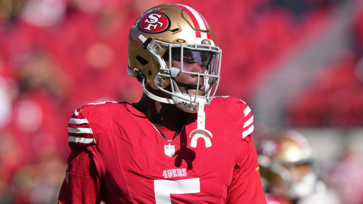 Nov 19, 2023; Santa Clara, California, USA; San Francisco 49ers linebacker Randy Gregory (5) before the game against the Tampa Bay Buccaneers at Levi's Stadium. Mandatory Credit: Darren Yamashita-USA TODAY Sports