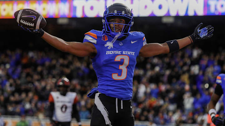 Nov 1, 2024; Boise, Idaho, USA; Boise State Broncos wide receiver Latrell Caples (3) celebrates during the first quarter against the San Diego State Aztecs at Albertsons Stadium. Mandatory Credit: Brian Losness-Imagn Images