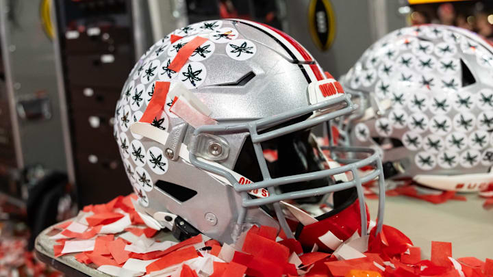 Jan 20, 2025; Atlanta, GA, USA; Detailed view of confetti with an Ohio State Buckeyes helmet after winning the CFP National Championship college football game at Mercedes-Benz Stadium. Mandatory Credit: Mark J. Rebilas-Imagn Images Jan 20, 2025; Atlanta, GA, USA; Detailed view of confetti with an Ohio State Buckeyes helmet after winning the CFP National Championship college football game at Mercedes-Benz Stadium. Mandatory Credit: Mark J. Rebilas-Imagn Images