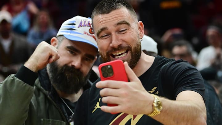 Mar 5, 2024; Cleveland, Ohio, USA; Cleveland natives and NFL players Travis, right, and Jason Kelce celebrate after the Cleveland Cavaliers beat the Boston Celtics during the second half at Rocket Mortgage FieldHouse. Mandatory Credit: Ken Blaze-Imagn Images Mar 5, 2024; Cleveland, Ohio, USA; Cleveland natives and NFL players Travis, right, and Jason Kelce celebrate after the Cleveland Cavaliers beat the Boston Celtics during the second half at Rocket Mortgage FieldHouse. Mandatory Credit: Ken Blaze-Imagn Images