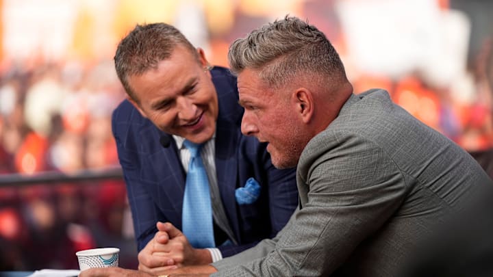 Pat McAfee, right, talks to Kirk Herbstreit on the set of ESPN College GameDay prior to the NCAA football game between the Ohio State Buckeyes and the Texas Longhorns at Ohio Stadium on Aug. 30, 2025.