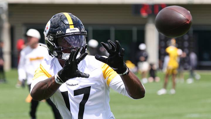 May 28, 2026; Pittsburgh, PA, USA;  Pittsburgh Steelers wide receiver Germie Bernard (17) participates in OTA  drills at the UPMC Rooney Sports Complex. Mandatory Credit: Charles LeClaire-Imagn Images