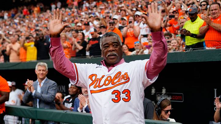 Aug 5, 2023; Baltimore, Maryland, USA; former Baltimore Oriole and Hall of Famer Eddie Murray is introduced during pregame ceremonies honoring the 1983 World Champion Baltimore Orioles prior to the game against the New York Metsat Oriole Park at Camden Yards. Mandatory Credit: Gregory Fisher-USA TODAY Sports Aug 5, 2023; Baltimore, Maryland, USA; former Baltimore Oriole and Hall of Famer Eddie Murray is introduced during pregame ceremonies honoring the 1983 World Champion Baltimore Orioles prior to the game against the New York Metsat Oriole Park at Camden Yards. Mandatory Credit: Gregory Fisher-USA TODAY Sports