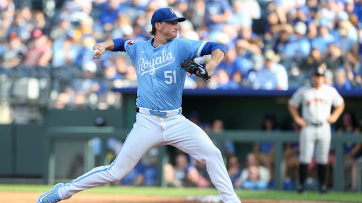 Sep 21, 2024; Kansas City, Missouri, USA; Kansas City Royals pitcher Brady Singer (51) pitches during the third inning against the San Francisco Giants at Kauffman Stadium. Mandatory Credit: Scott Sewell-Imagn Images