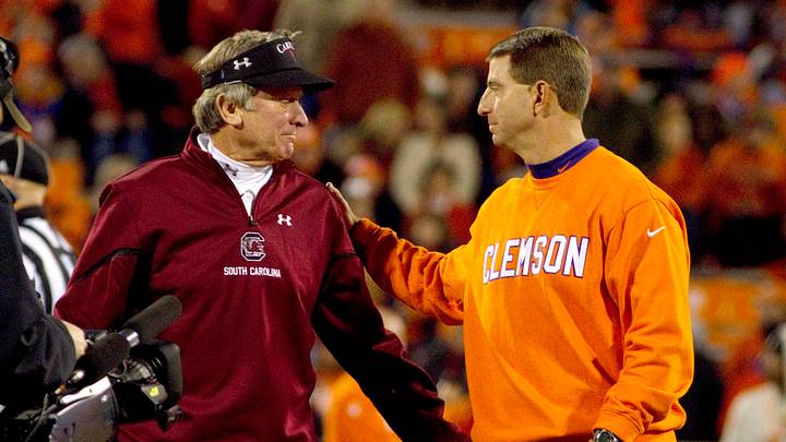 Nov 24, 2012; Clemson, SC, USA; South Carolina Gamecocks head coach Steve Spurrier (left) shakes hands with Clemson Tigers head coach Dabo Swinney (right) prior to the game at Clemson Memorial Stadium. Mandatory Credit: Joshua S. Kelly-USA TODAY Sports Nov 24, 2012; Clemson, SC, USA; South Carolina Gamecocks head coach Steve Spurrier (left) shakes hands with Clemson Tigers head coach Dabo Swinney (right) prior to the game at Clemson Memorial Stadium. Mandatory Credit: Joshua S. Kelly-USA TODAY Sports
