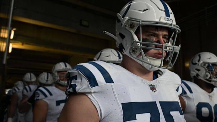 Sep 24, 2023; Baltimore, Maryland, USA; Indianapolis Colts guard Will Fries (75) stands with teammates before the game against the Baltimore Ravens at M&T Bank Stadium.