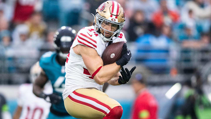 Nov 12, 2023; Jacksonville, Florida, USA; San Fransisco 49ers fullback Kyle Juszcyk (44) catches a touchdown against the Jacksonville Jaguars in the fourth quarter at EverBank Stadium. Mandatory Credit: Jeremy Reper-Imagn Images