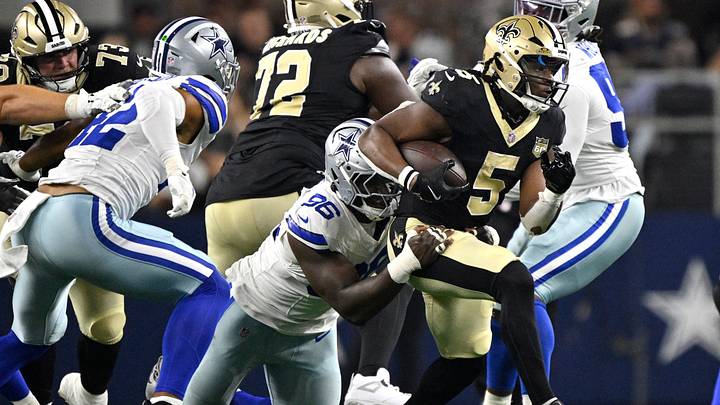 Aug 28, 2026; Arlington, Texas, USA;  Dallas Cowboys defensive tackle Adedayo Odeleye (96) tackles New Orleans Saints running back Kendre Miller (5) during the first half at AT&T Stadium.  Mandatory Credit: Jerome Miron-Imagn Images