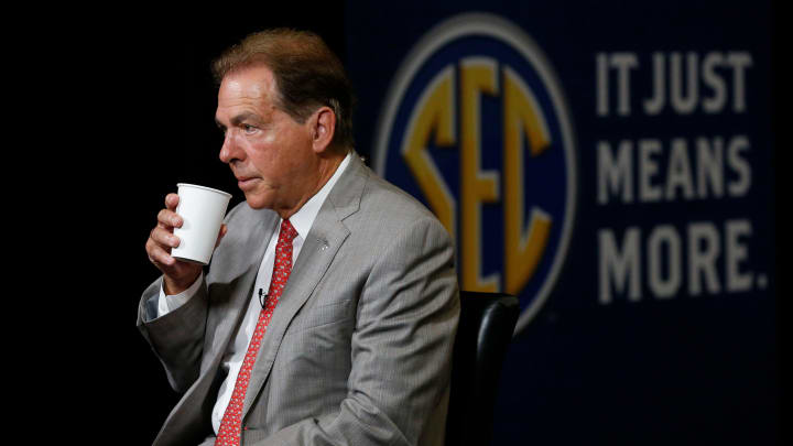 Alabama Head Coach Nick Saban sips coffee while waiting to for a TV interview to begin in the Hyatt Regency at SEC Media Days in Hoover, Ala., Wednesday, July 21, 2021.

Saban