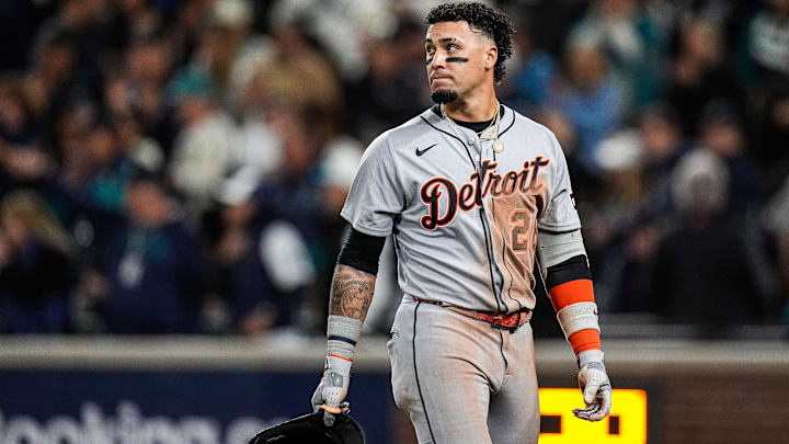 Tigers shortstop Javier Baez reacts after grounded out against Mariners during the 14th inning of ALDS Game 5 at T-Mobile Park in Seattle on Friday, Oct. 10, 2025. Tigers shortstop Javier Baez reacts after grounded out against Mariners during the 14th inning of ALDS Game 5 at T-Mobile Park in Seattle on Friday, Oct. 10, 2025.
