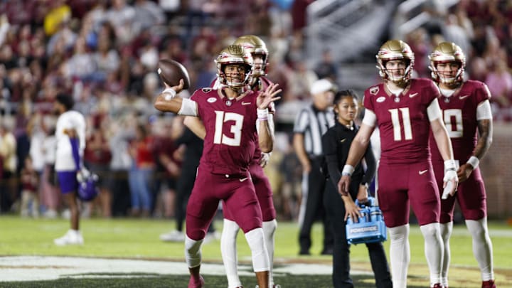 Nov 18, 2023; Tallahassee, Florida, USA; Florida State Seminoles quarterback Jordan Travis (13) throws a pass during the warm ups against the North Alabama Lions at Doak S. Campbell Stadium. Mandatory Credit: Morgan Tencza-Imagn Images