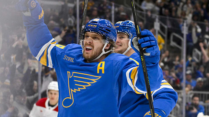 Jan 3, 2026; St. Louis, Missouri, USA; St. Louis Blues center Robert Thomas (18) reacts after scoring a shorthanded goal against the Montreal Canadiens during the second period at Enterprise Center. Mandatory Credit: Jeff Curry-Imagn Images