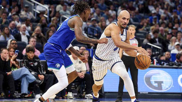 Oct 23, 2026; Orlando, Florida, USA; Orlando Magic guard Jalen Suggs (4) is guarded by Minnesota Timberwolves guard Bones Hyland (8) in the second quarter at Kia Center. Mandatory Credit: Nathan Ray Seebeck-Imagn Images Oct 23, 2026; Orlando, Florida, USA; Orlando Magic guard Jalen Suggs (4) is guarded by Minnesota Timberwolves guard Bones Hyland (8) in the second quarter at Kia Center. Mandatory Credit: Nathan Ray Seebeck-Imagn Images