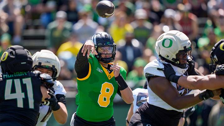 Fighting Ducks quarterback Dylan Raiola throws a pass during the Oregon Ducks annual spring game on April 25, 2026 at Autzen Stadium in Eugene, Oregon.