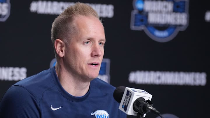 Mar 26, 2025; Newark, NJ, USA;  Brigham Young Cougars head coach Kevin Young talks to the media at the Prudential Center. Mandatory Credit: Robert Deutsch-Imagn Images
