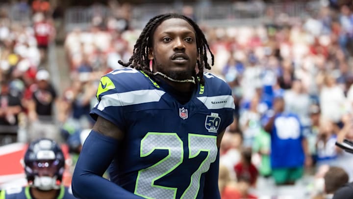 Sep 25, 2025; Glendale, Arizona, USA; Seattle Seahawks cornerback Riq Woolen (27) against the Arizona Cardinals at State Farm Stadium. Mandatory Credit: Mark J. Rebilas-Imagn Images