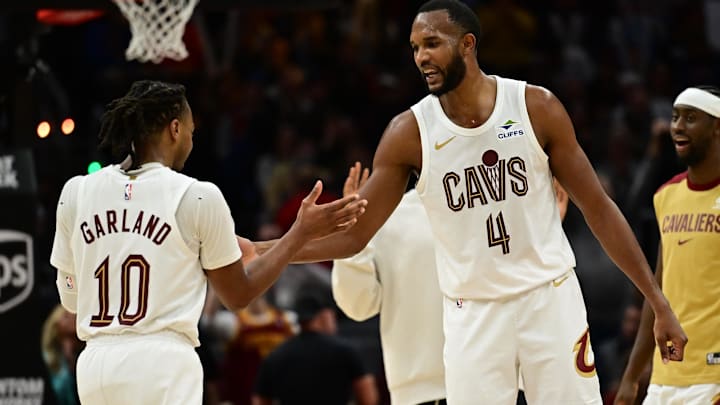 Dec 20, 2024; Cleveland, Ohio, USA; Cleveland Cavaliers guard Darius Garland (10) celebrates with forward Evan Mobley (4) during the second half against the Milwaukee Bucks at Rocket Mortgage FieldHouse. Mandatory Credit: Ken Blaze-Imagn Images Dec 20, 2024; Cleveland, Ohio, USA; Cleveland Cavaliers guard Darius Garland (10) celebrates with forward Evan Mobley (4) during the second half against the Milwaukee Bucks at Rocket Mortgage FieldHouse. Mandatory Credit: Ken Blaze-Imagn Images