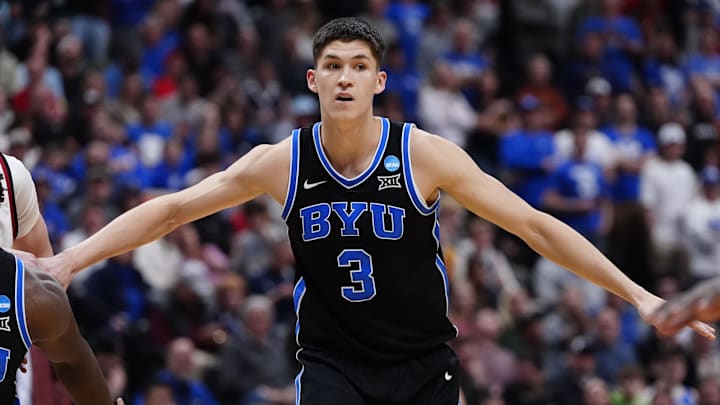 Mar 22, 2025; Denver, CO, USA; Brigham Young Cougars guard Egor Demin (3) reacts against the Wisconsin Badgers during the second half in the second round of the NCAA Tournament  at Ball Arena. Mandatory Credit: Ron Chenoy-Imagn Images