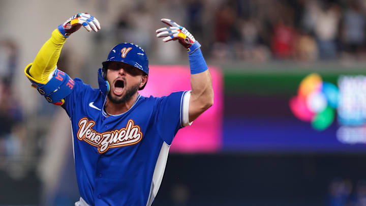 Mar 14, 2026; Miami, FL, United States; Venezuela left fielder Wilyer Abreu (16) rounds the bases after hitting a three-run home run against Japan in the sixth inning during a quarterfinal game of the 2026 World Baseball Classic at loanDepot Park. Mandatory Credit: Sam Navarro-Imagn Images