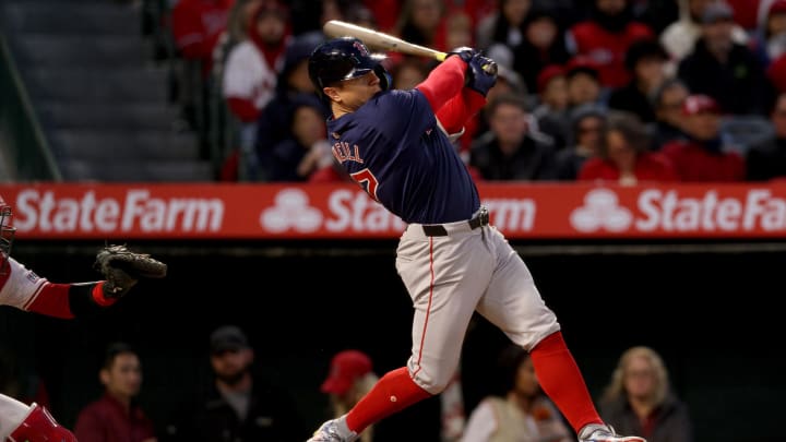 Apr 5, 2024; Anaheim, California, USA; Boston Red Sox outfielder Tyler O'Neill (17) hits a home run Apr 5, 2024; Anaheim, California, USA; Boston Red Sox outfielder Tyler O'Neill (17) hits a home run