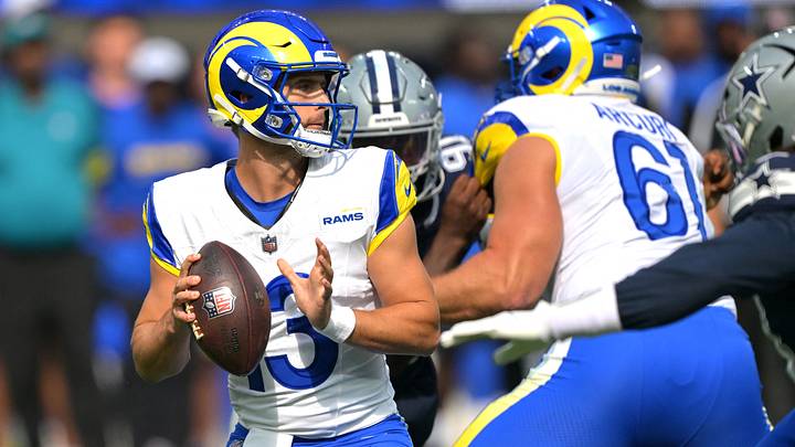 Aug 9, 2025; Inglewood, California, USA;  Los Angeles Rams quarterback Stetson Bennett IV (13) sets to pass during the first half Dallas Cowboys at SoFi Stadium. Mandatory Credit: Jayne Kamin-Oncea-Imagn Images
