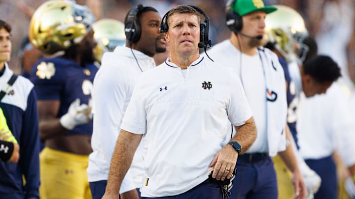 Notre Dame defensive coordinator Chris Ash looks on in the second half of a NCAA football game against NC State at Notre Dame Stadium on Saturday, Oct. 11, 2025, in South Bend.