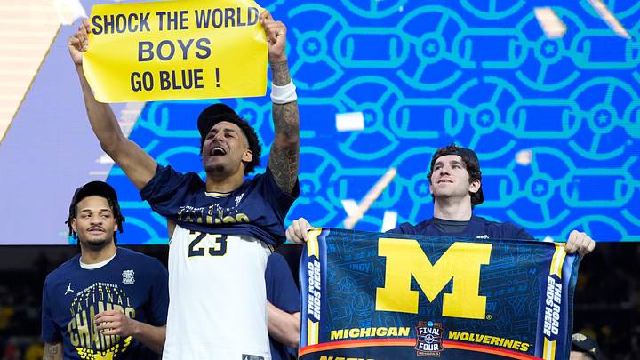 Michigan forward Yaxel Lendeborg (23) celebrates on after beating Connecticut to win the NCAA national championship at Lucas Oil Stadium in Indianapolis on Monday, April 6, 2026.