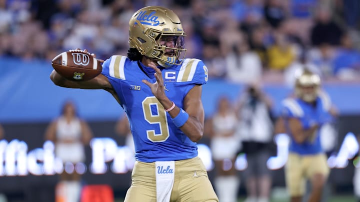 Sep 12, 2025; Pasadena, California, USA;  UCLA Bruins quarterback Nico Iamaleava (9) looks to pass during the first quarter against the New Mexico Lobos at Rose Bowl. Mandatory Credit: Kiyoshi Mio-Imagn Images