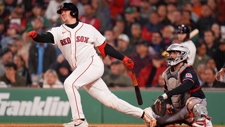 Sep 22, 2026; Boston, Massachusetts, USA; Boston Red Sox catcher Adley Rutschman (31) hits a double against the Cleveland Guardians in the second inning at Fenway Park. Mandatory Credit: David Butler II-Imagn Images Sep 22, 2026; Boston, Massachusetts, USA; Boston Red Sox catcher Adley Rutschman (31) hits a double against the Cleveland Guardians in the second inning at Fenway Park. Mandatory Credit: David Butler II-Imagn Images