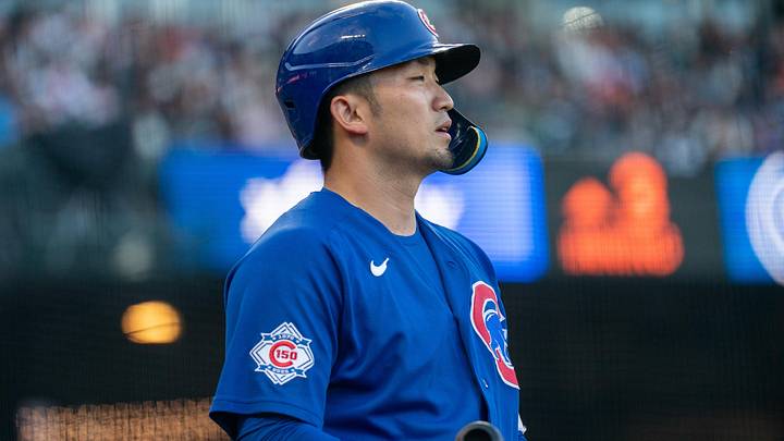 Jun 13, 2026; San Francisco, California, USA; Chicago Cubs right fielder Seiya Suzuki (27) on the on deck circle during the third inning against the San Francisco Giants at Oracle Park. Mandatory Credit: Neville E. Guard-Imagn Images