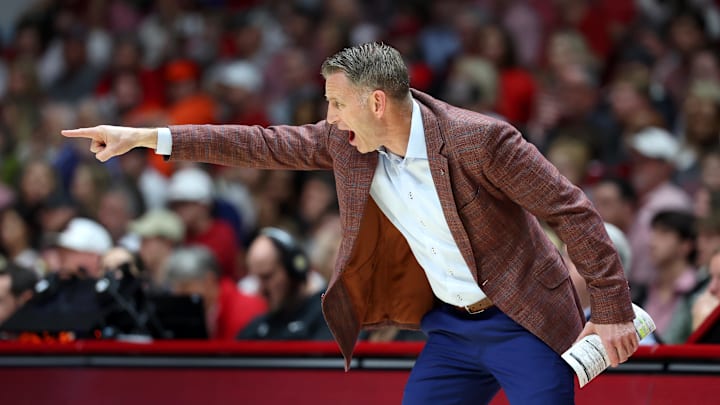 Mar 7, 2026; Tuscaloosa, Alabama, USA; Alabama Crimson Tide head coach Nate Oats reacts from the sideline during the first half against the Auburn Tigers at Coleman Coliseum. Mandatory Credit: David Leong-Imagn Images
