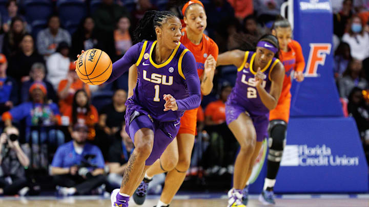 Jan 19, 2025; Gainesville, Florida, USA; LSU Tigers guard Mjracle Sheppard (1) dribbles the ball against the Florida Gators during the second half at Exactech Arena at the Stephen C. O'Connell Center. Mandatory Credit: Matt Pendleton-Imagn Images Jan 19, 2025; Gainesville, Florida, USA; LSU Tigers guard Mjracle Sheppard (1) dribbles the ball against the Florida Gators during the second half at Exactech Arena at the Stephen C. O'Connell Center. Mandatory Credit: Matt Pendleton-Imagn Images