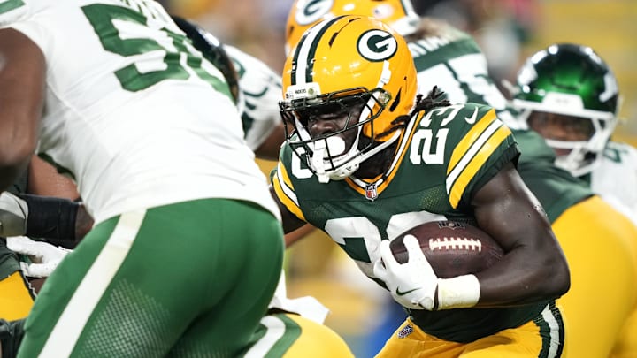 Aug 9, 2025; Green Bay, Wisconsin, USA; Green Bay Packers running back Israel Abanikanda (23) runs the ball against the New York Jets during the second quarter at Lambeau Field. Mandatory Credit: Kayla Wolf-Imagn Images Aug 9, 2025; Green Bay, Wisconsin, USA; Green Bay Packers running back Israel Abanikanda (23) runs the ball against the New York Jets during the second quarter at Lambeau Field. Mandatory Credit: Kayla Wolf-Imagn Images