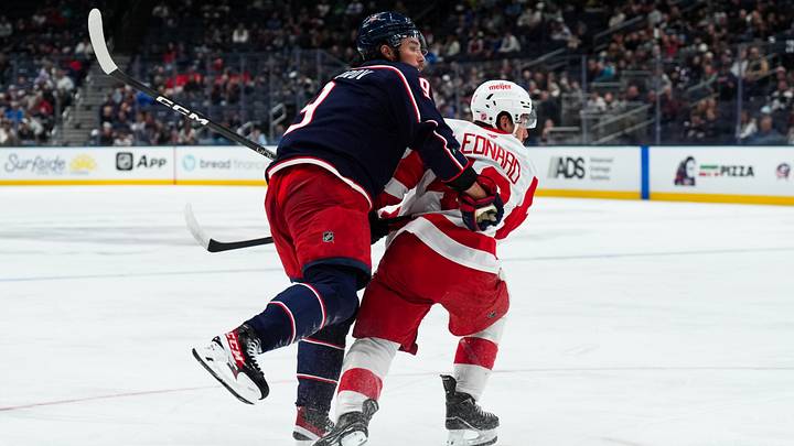 Sep 21, 2026; Columbus, Ohio, USA; Columbus Blue Jackets defenseman Ivan Provorov (9) shoots the puck against Detroit Red Wings forward John Leonard (43) in the second period at Nationwide Arena. Mandatory Credit: Aaron Doster-Imagn Images Sep 21, 2026; Columbus, Ohio, USA; Columbus Blue Jackets defenseman Ivan Provorov (9) shoots the puck against Detroit Red Wings forward John Leonard (43) in the second period at Nationwide Arena. Mandatory Credit: Aaron Doster-Imagn Images
